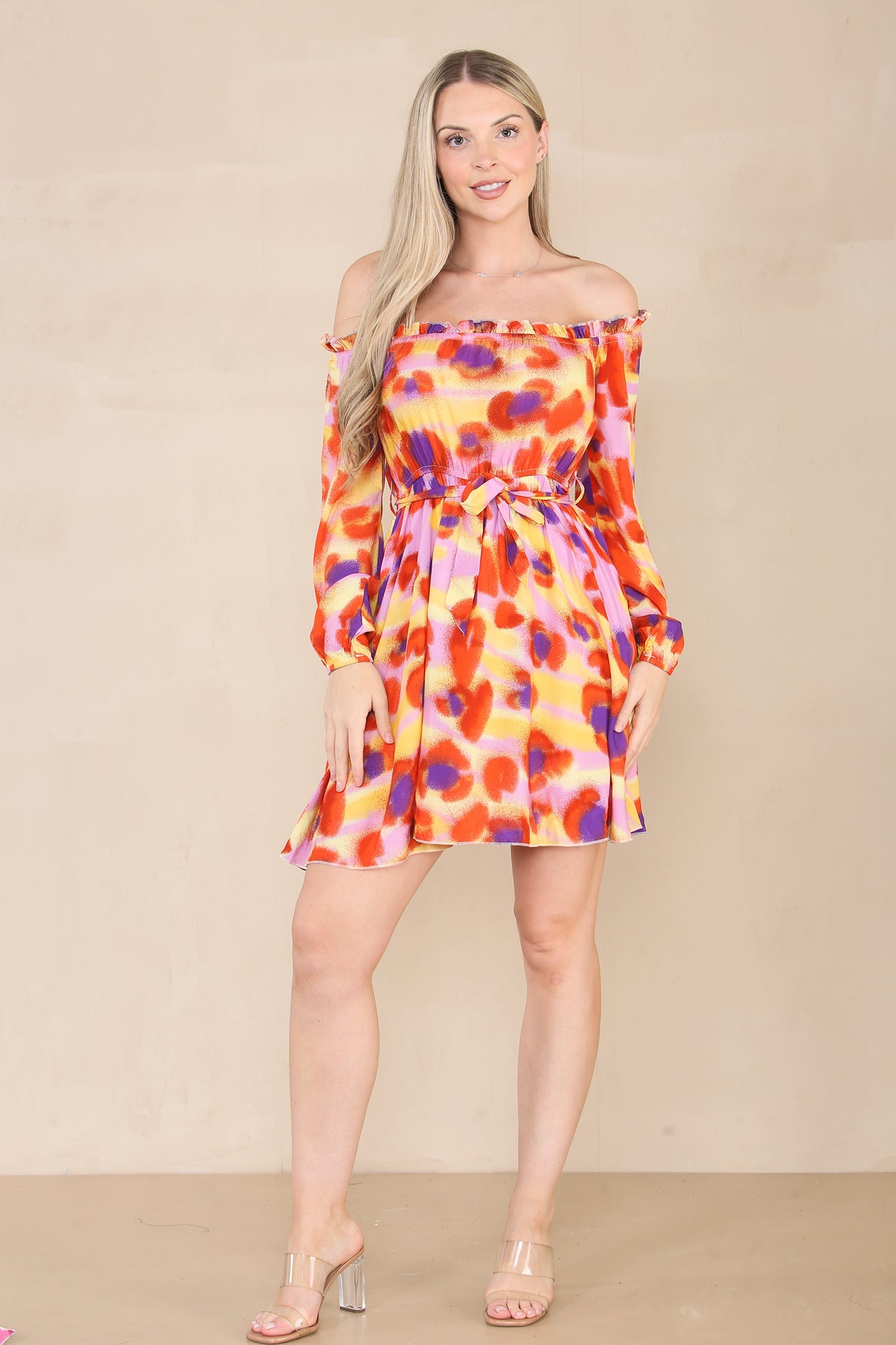 8Pcs Pink Printed Cold Shoulder Bardot Mini Dress