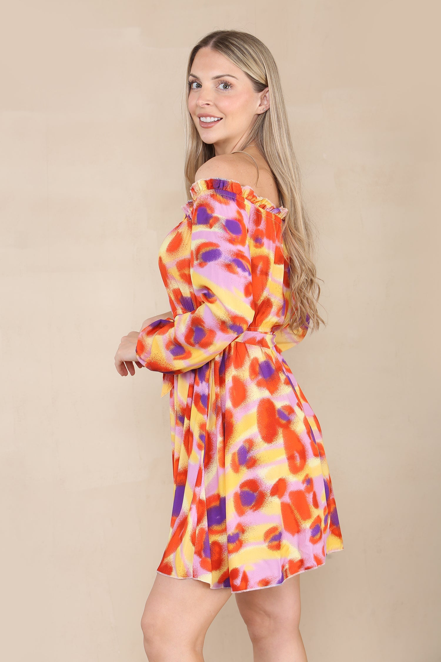 8Pcs Pink Printed Cold Shoulder Bardot Mini Dress