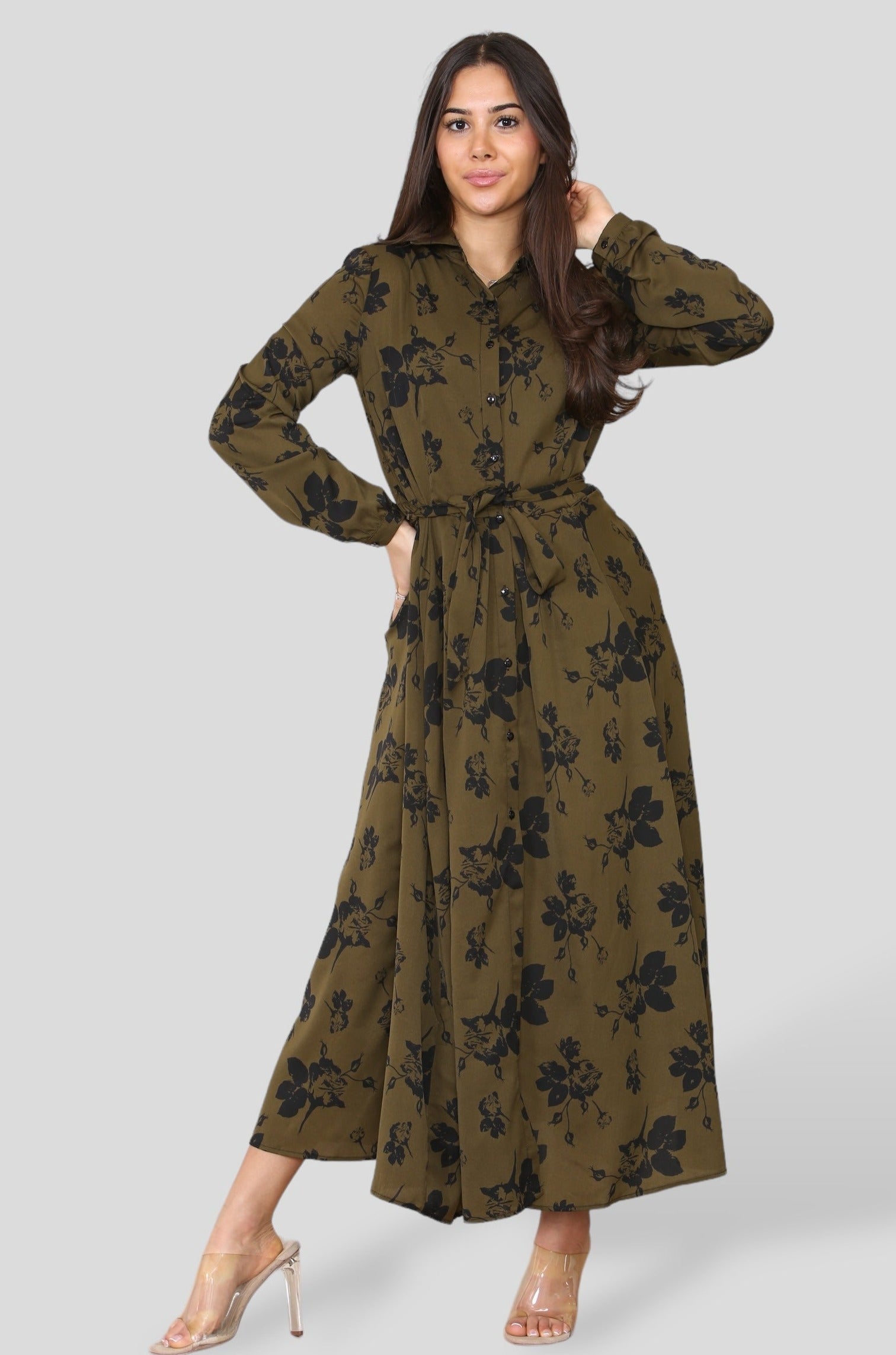 8Pcs Khaki Floral Print Long Sleeve Midmaxi Shirt Dress