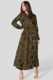 8Pcs Khaki Floral Print Long Sleeve Midmaxi Shirt Dress