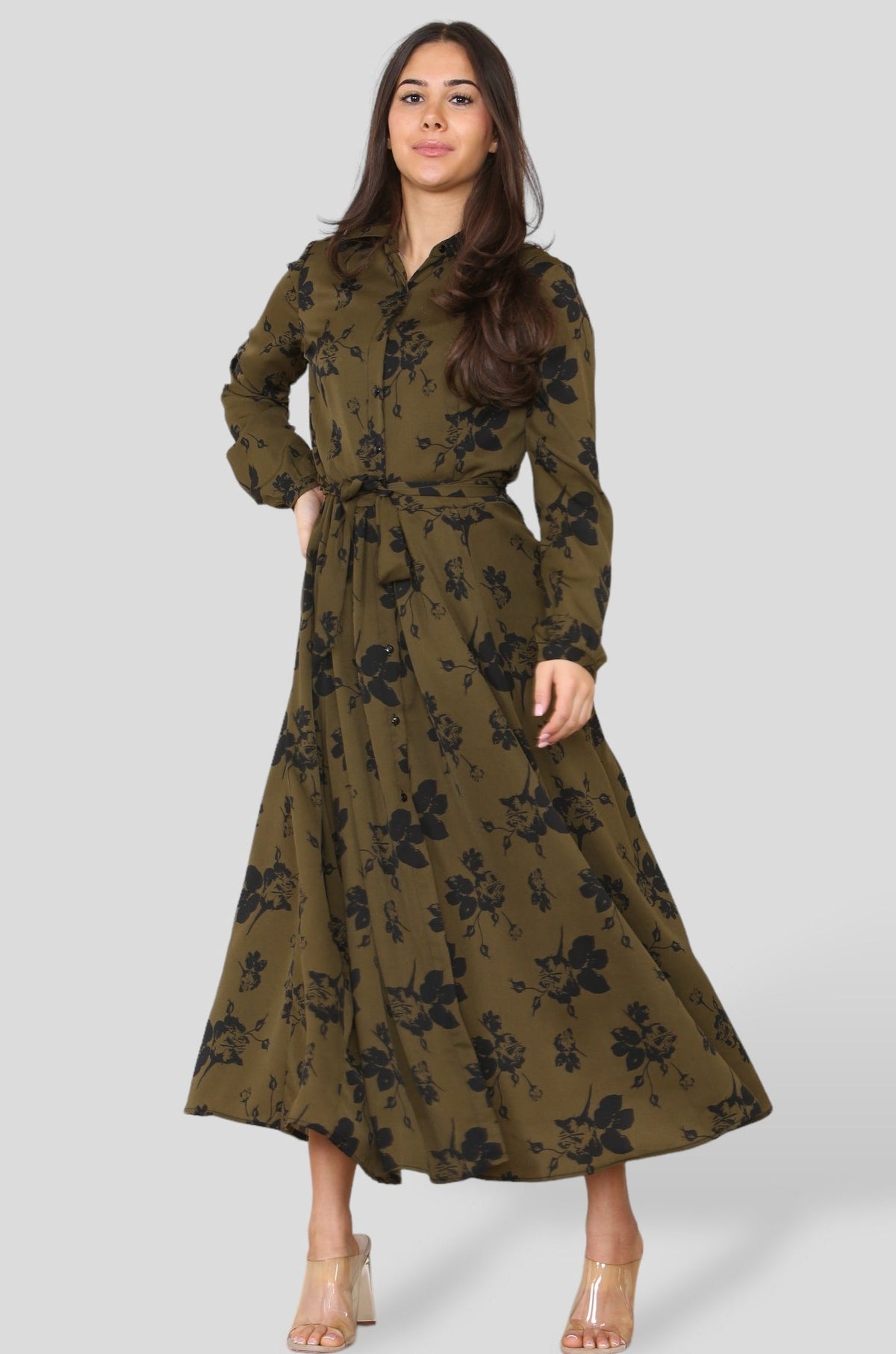 8Pcs Khaki Floral Print Long Sleeve Midmaxi Shirt Dress