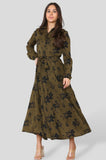 8Pcs Khaki Floral Print Long Sleeve Midmaxi Shirt Dress