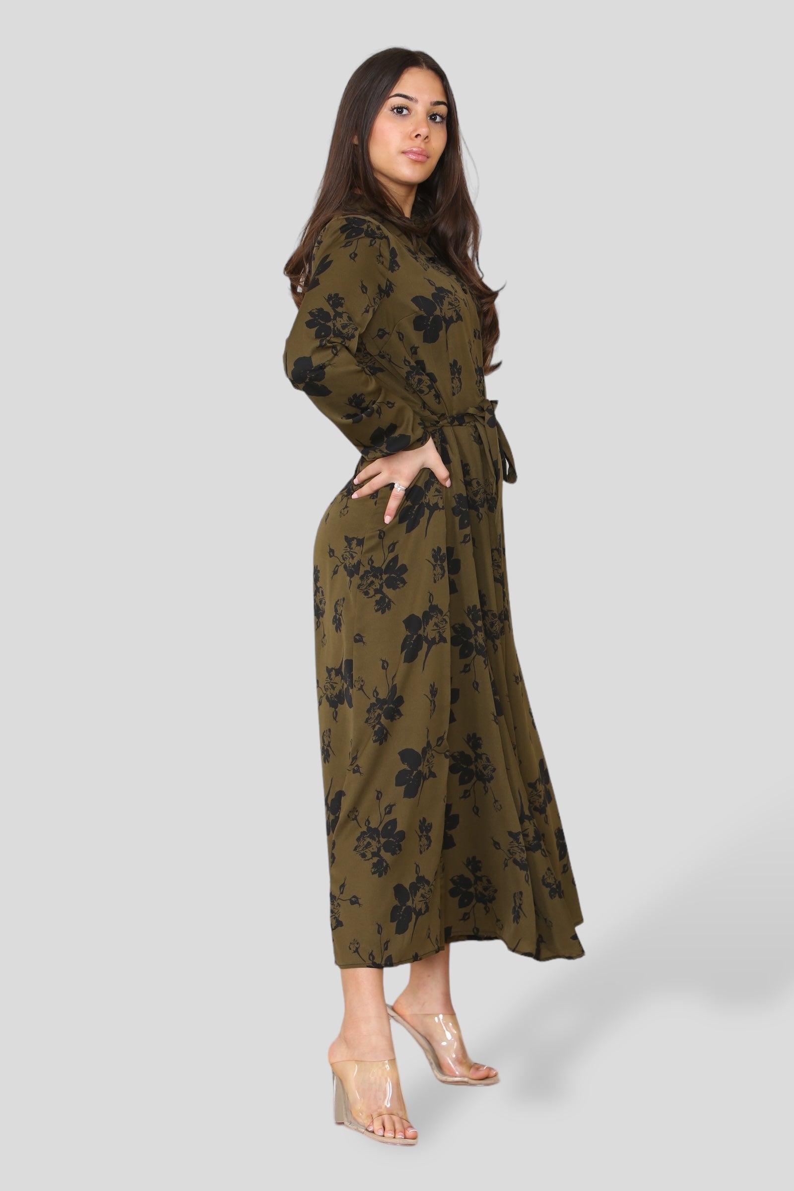 8Pcs Khaki Floral Print Long Sleeve Midmaxi Shirt Dress