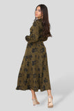 8Pcs Khaki Floral Print Long Sleeve Midmaxi Shirt Dress