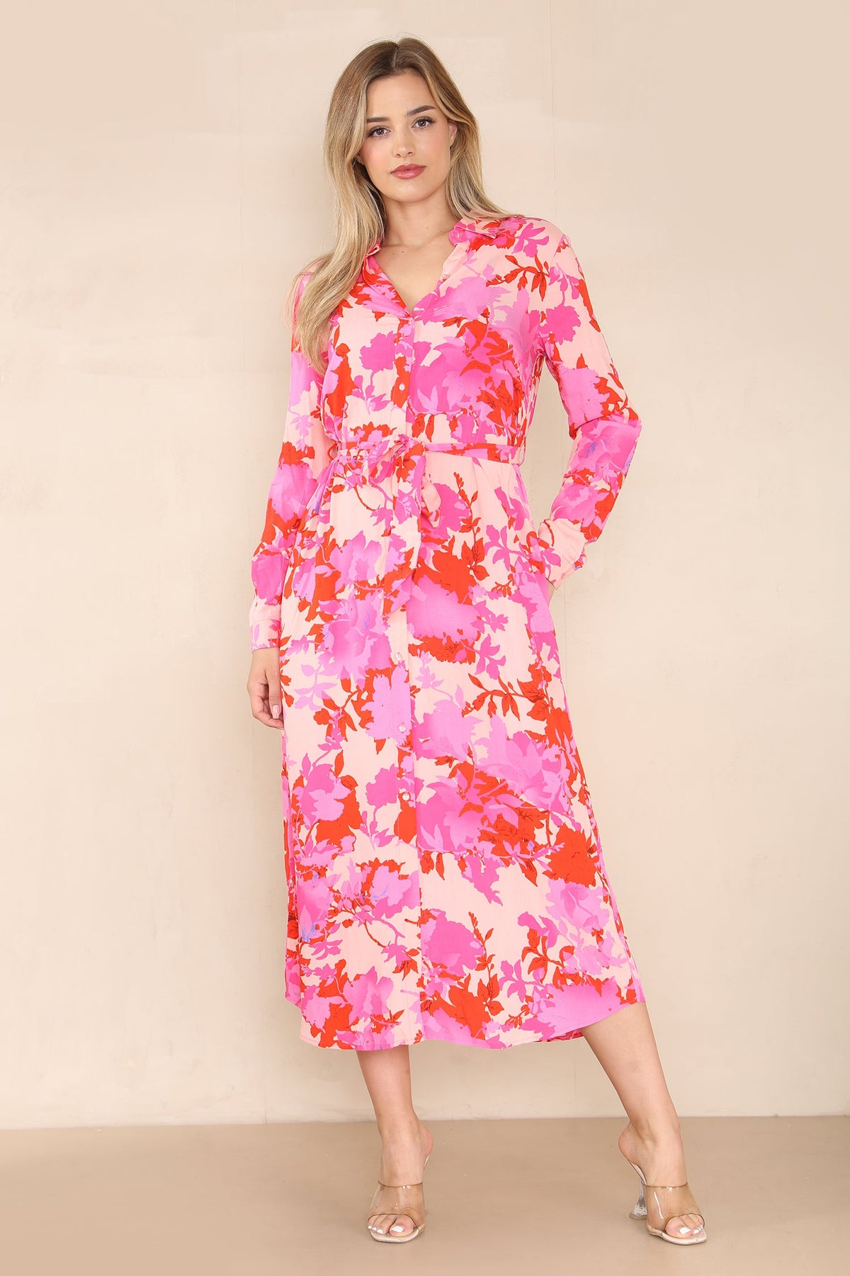 8Pcs Pink Floral Printed Maxi Shirt Dress