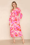 8Pcs Pink Floral Printed Maxi Shirt Dress