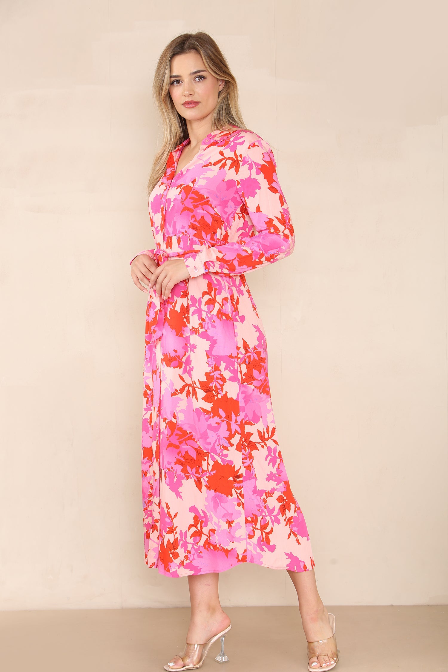 8Pcs Pink Floral Printed Maxi Shirt Dress