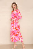 8Pcs Pink Floral Printed Maxi Shirt Dress