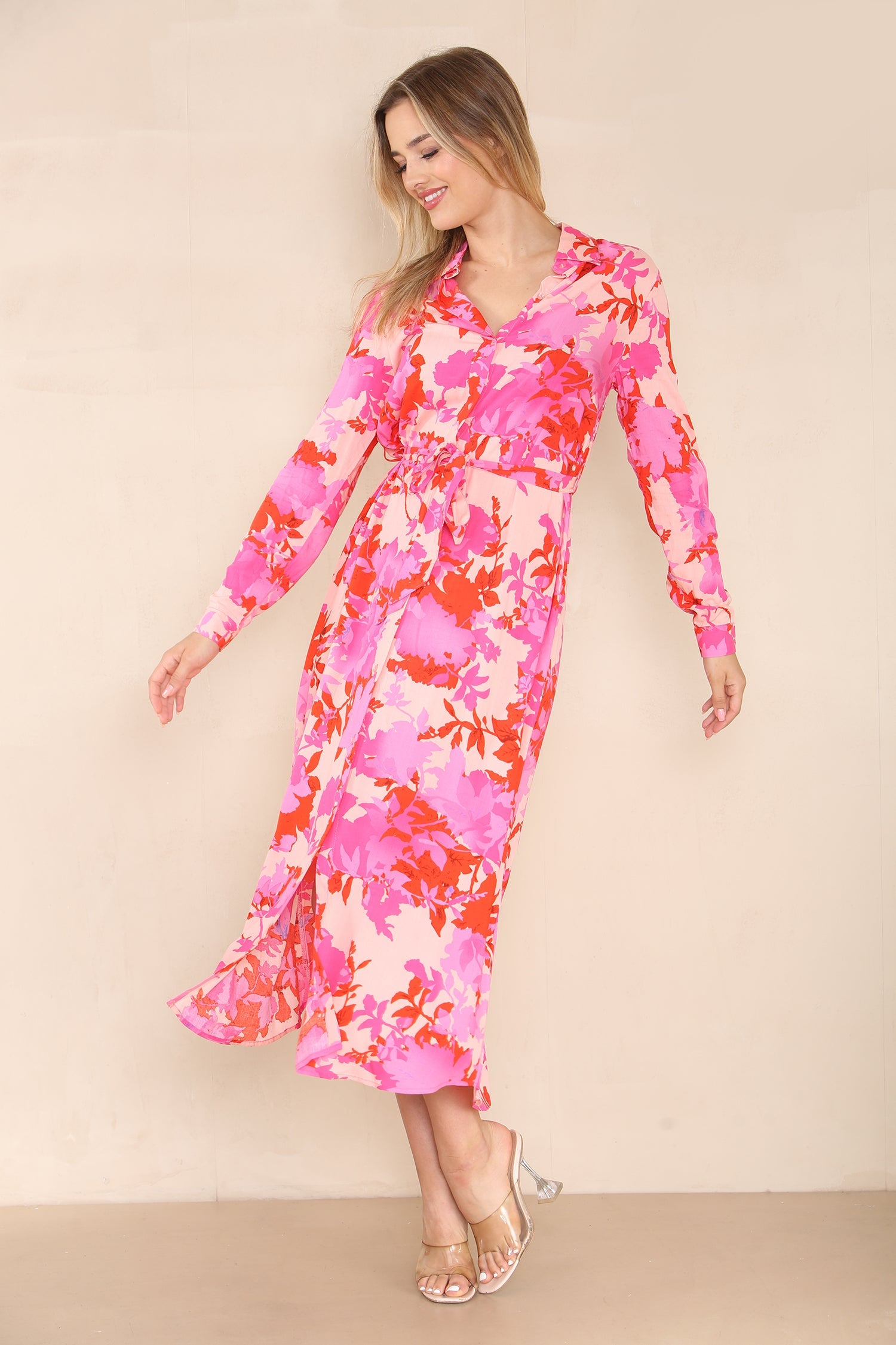 8Pcs Pink Floral Printed Maxi Shirt Dress