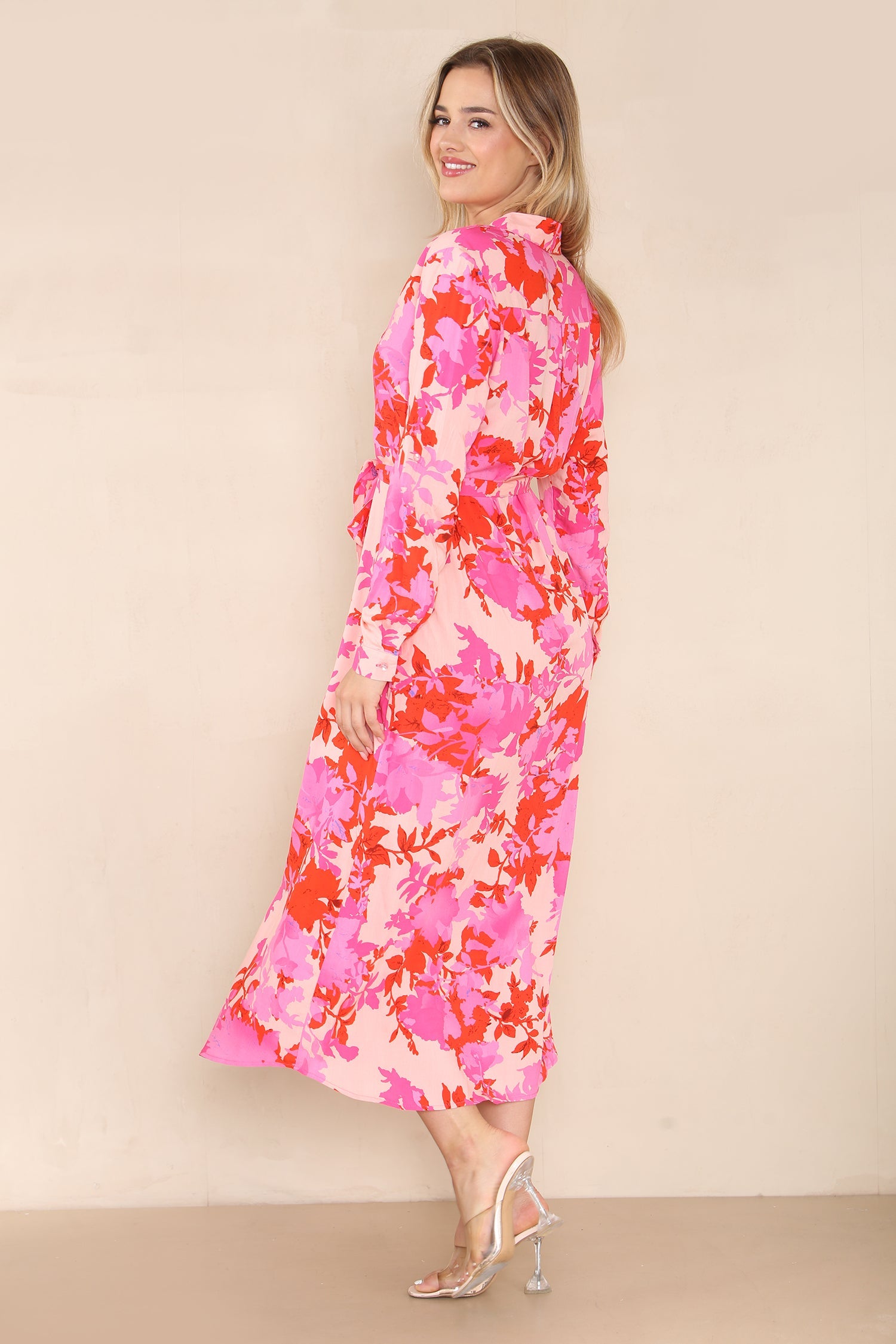 8Pcs Pink Floral Printed Maxi Shirt Dress