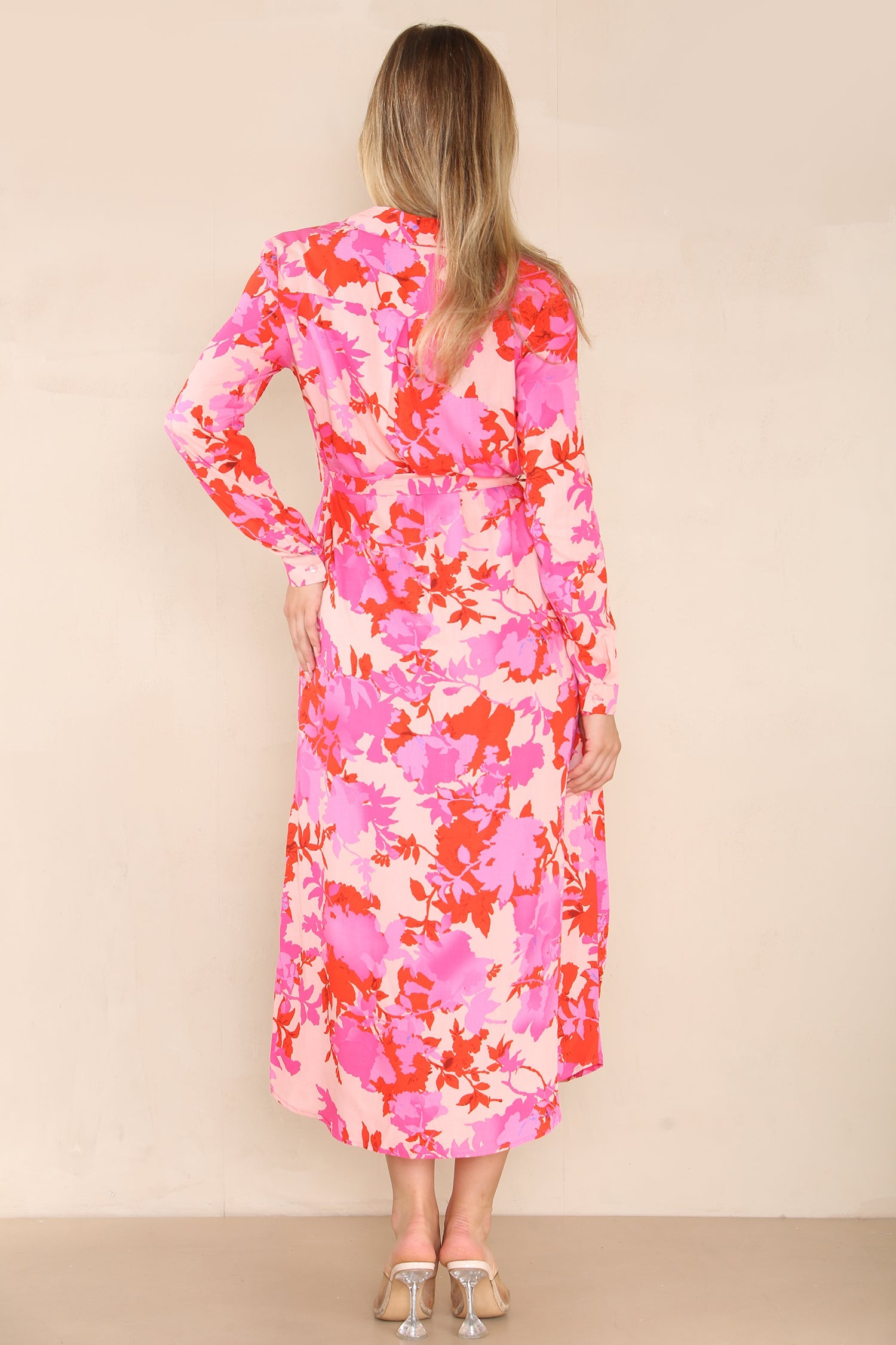8Pcs Pink Floral Printed Maxi Shirt Dress