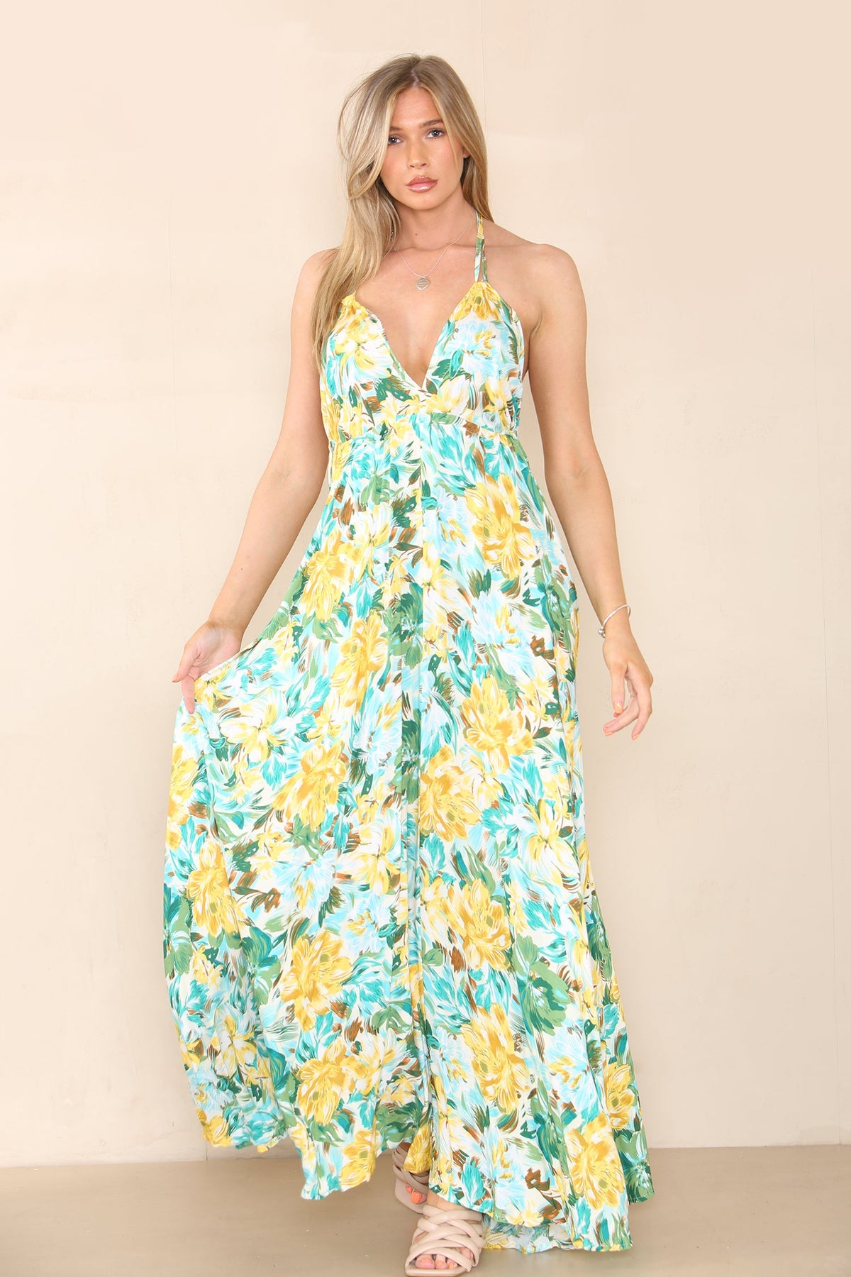 6Pcs Green Floral Print Strappy Maxi Dress