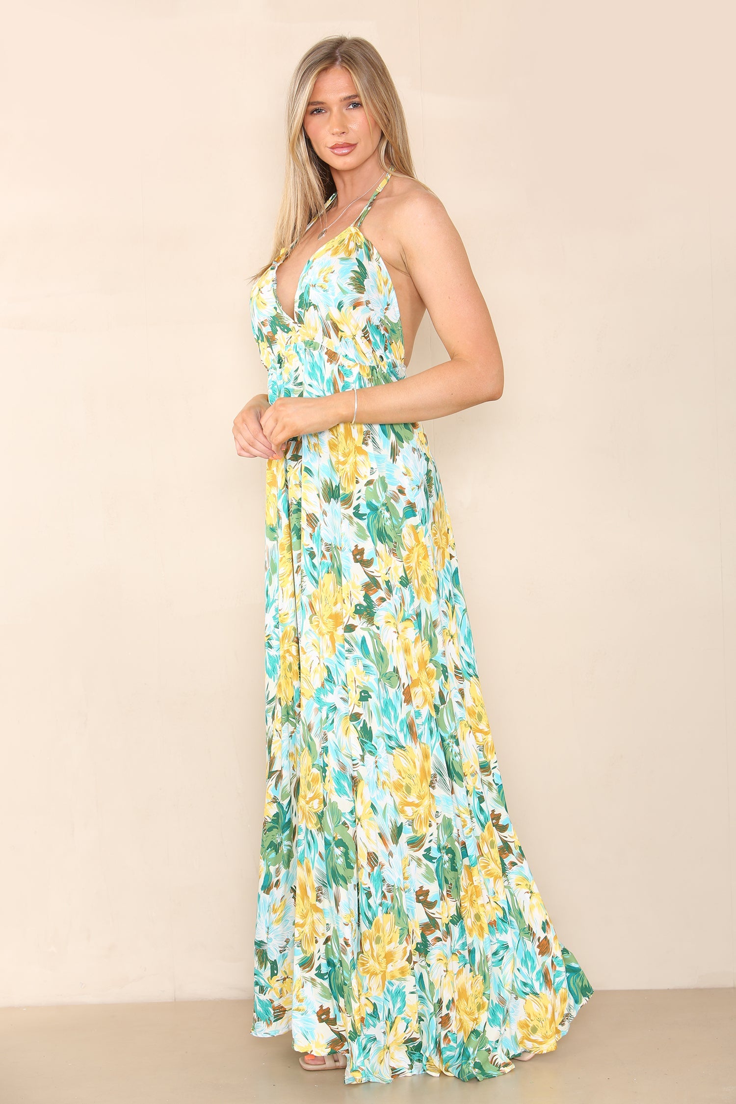 6Pcs Green Floral Print Strappy Maxi Dress