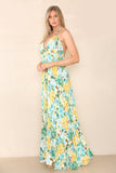 6Pcs Green Floral Print Strappy Maxi Dress