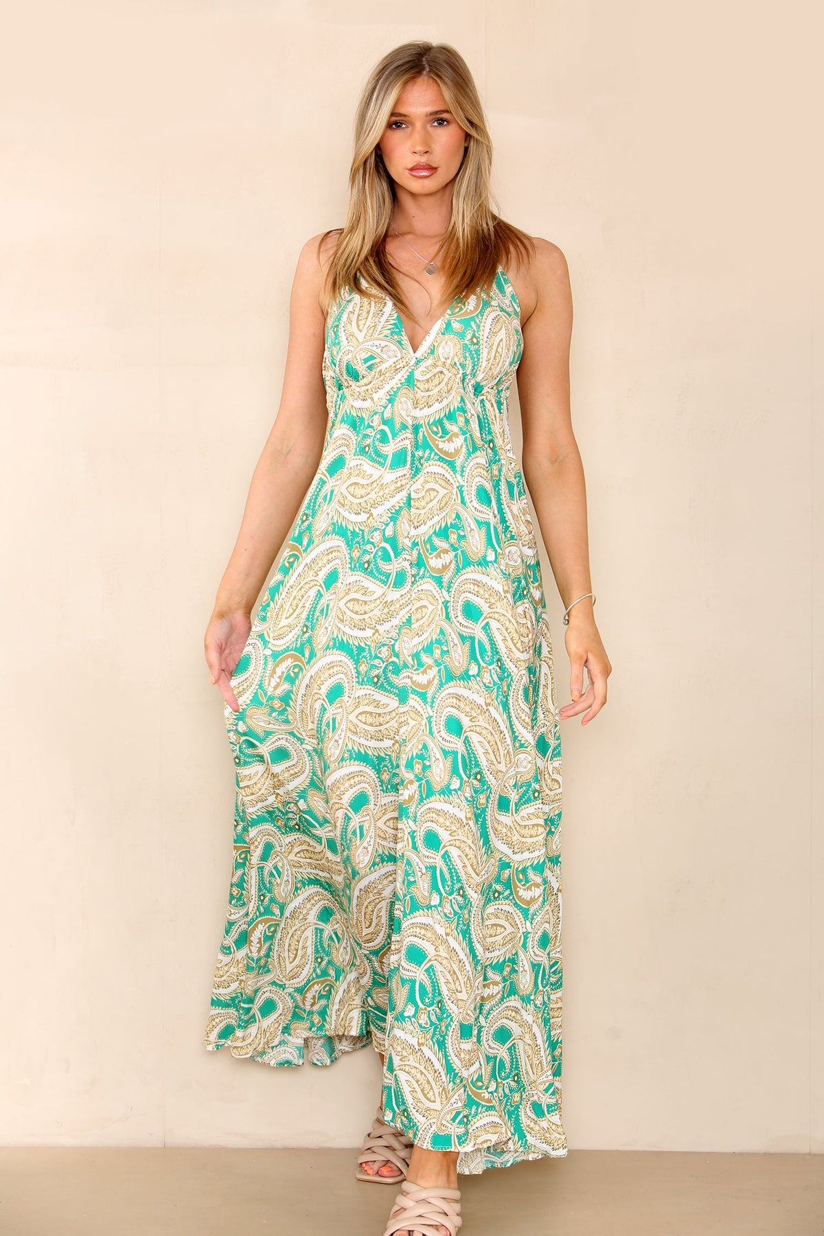 6Pcs Green Paisley Print Strappy Maxi Dress
