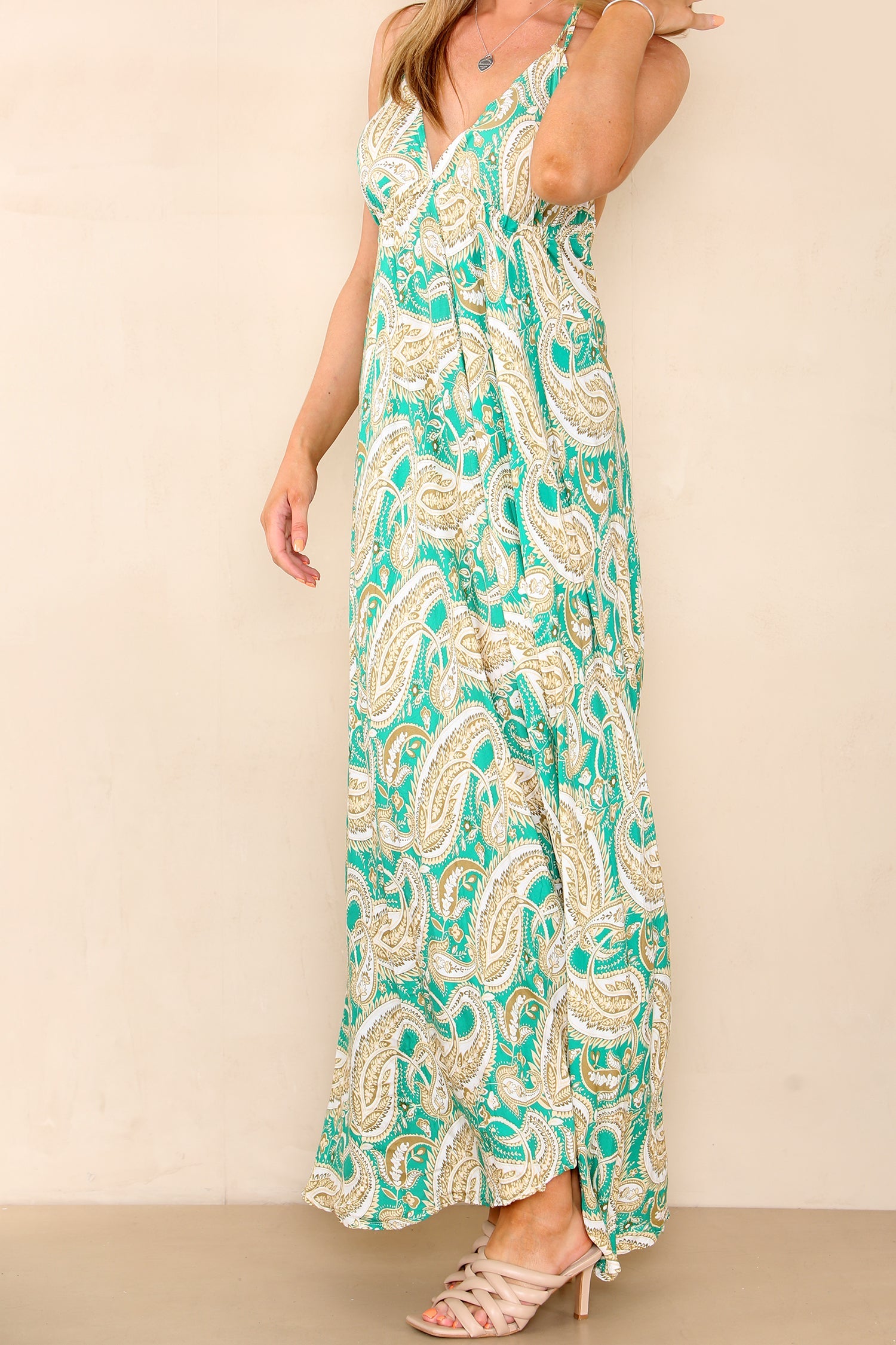 6Pcs Green Paisley Print Strappy Maxi Dress