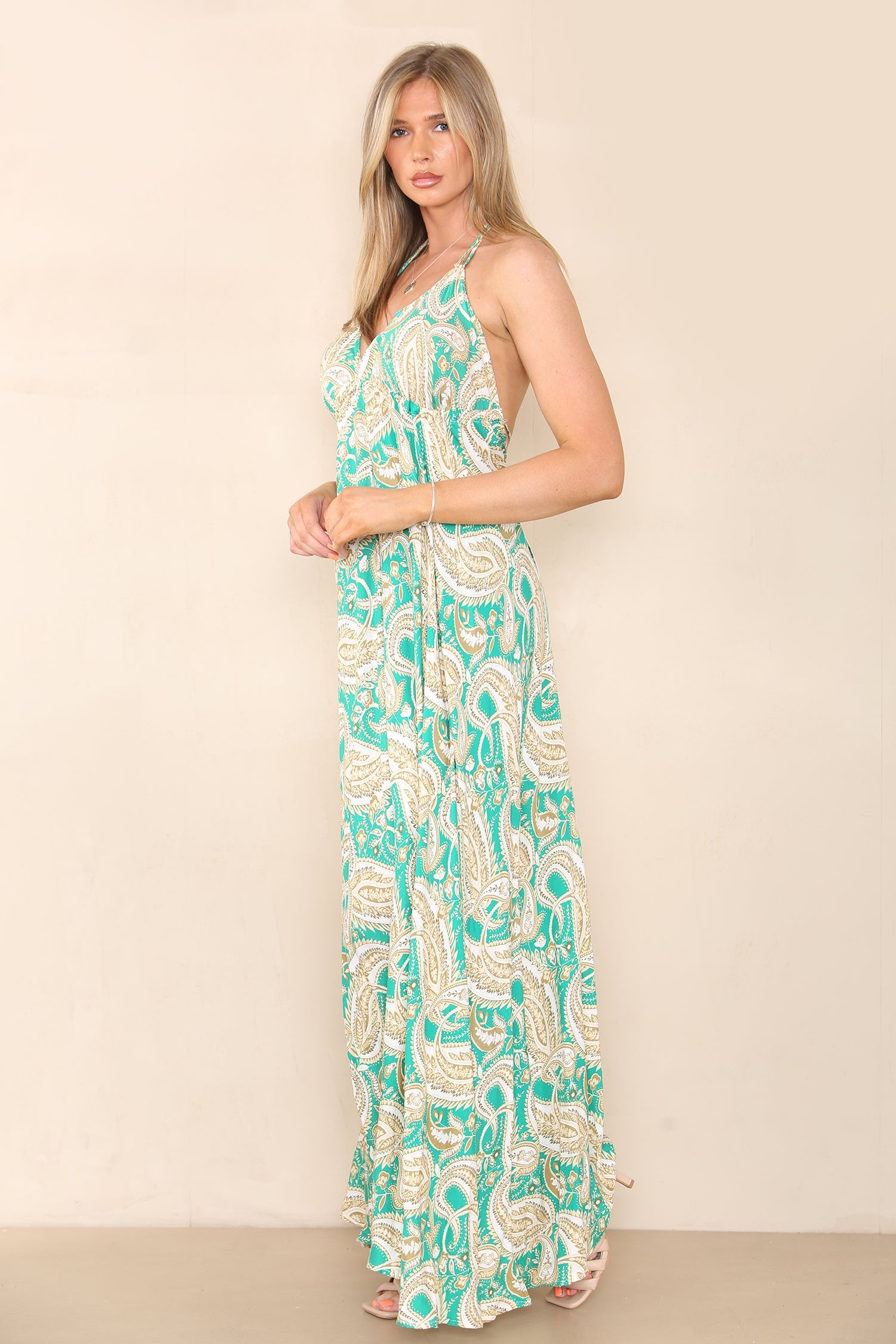 6Pcs Green Paisley Print Strappy Maxi Dress
