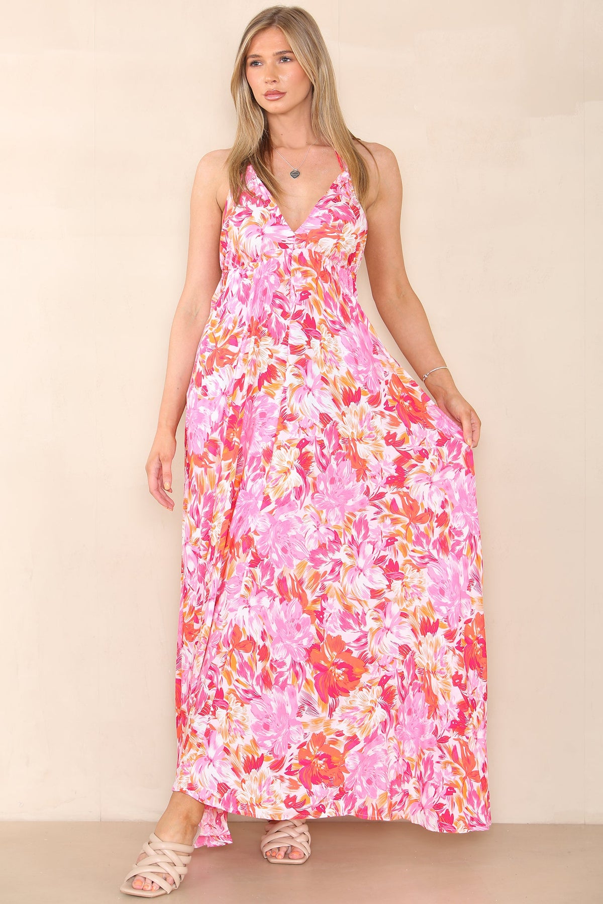 6Pcs Pink Floral Print Strappy Maxi Dress