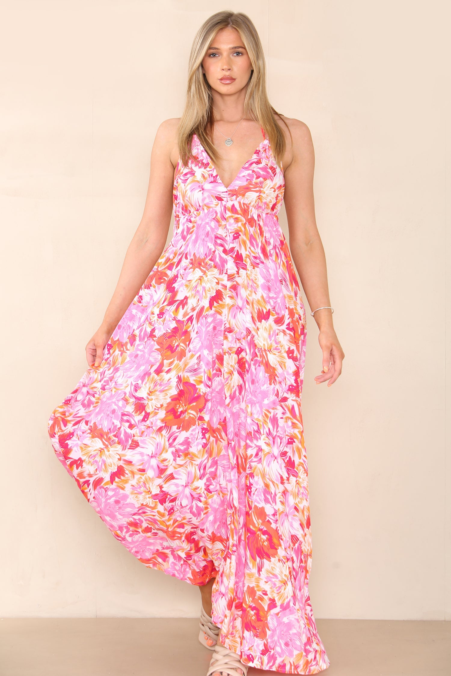 6Pcs Pink Floral Print Strappy Maxi Dress
