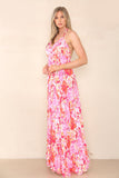 6Pcs Pink Floral Print Strappy Maxi Dress