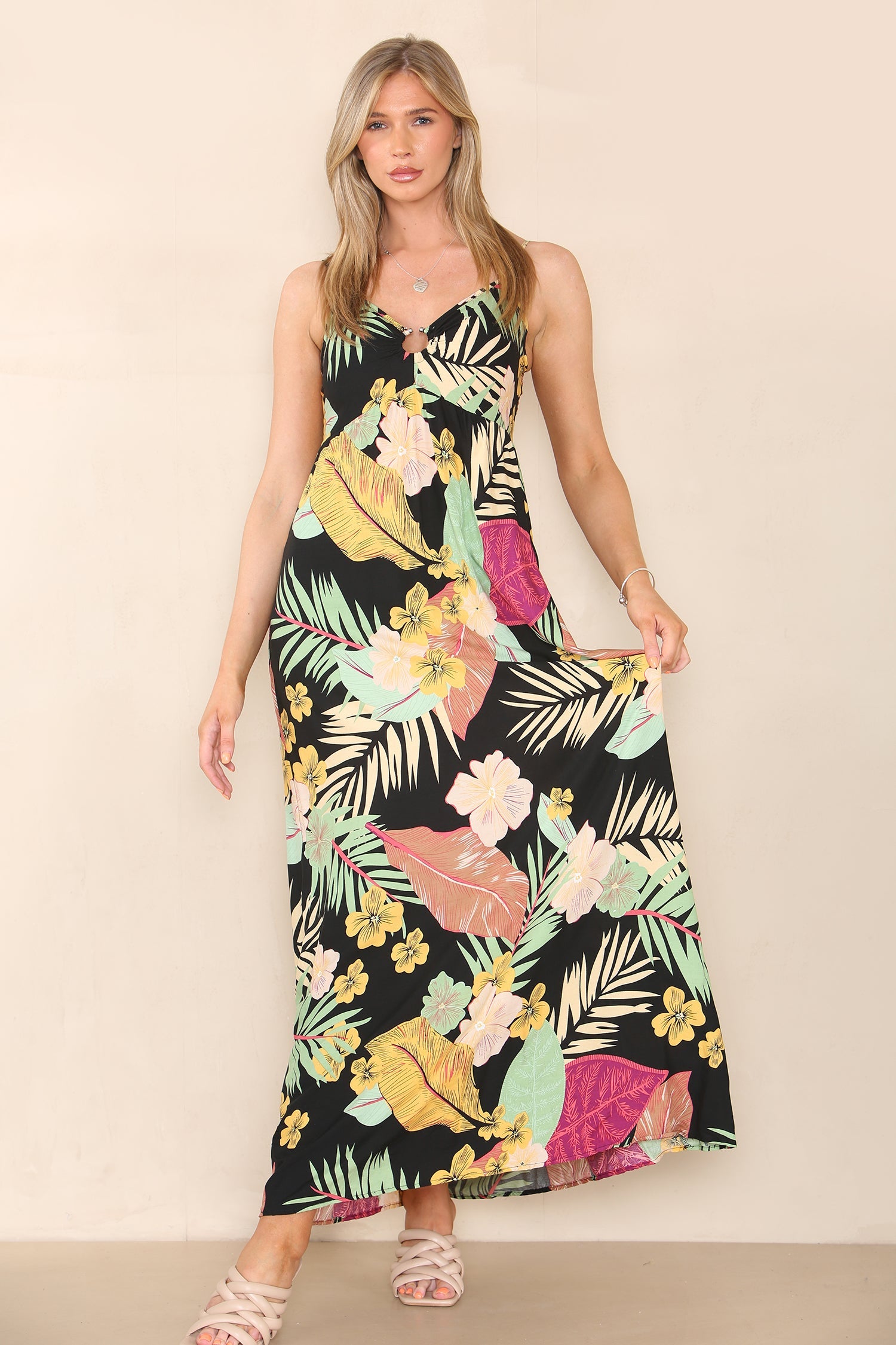 6Pcs Black Palm Leaf Print Strappy Maxi Dress