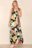 6Pcs Black Palm Leaf Print Strappy Maxi Dress