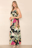 6Pcs Black Palm Leaf Print Strappy Maxi Dress