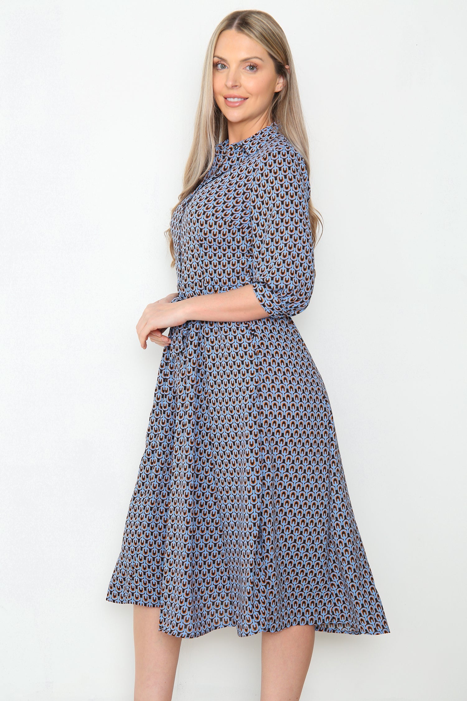 8Pcs Blue Geo Print Midi Shirt Dress