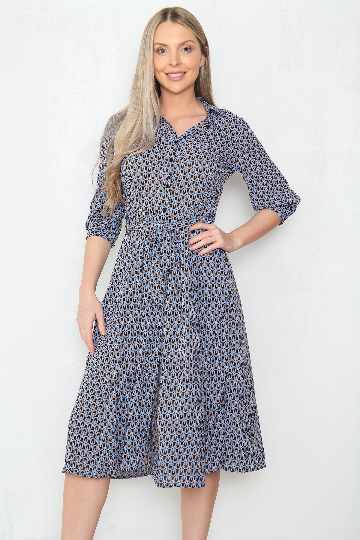 8Pcs Blue Geo Print Midi Shirt Dress