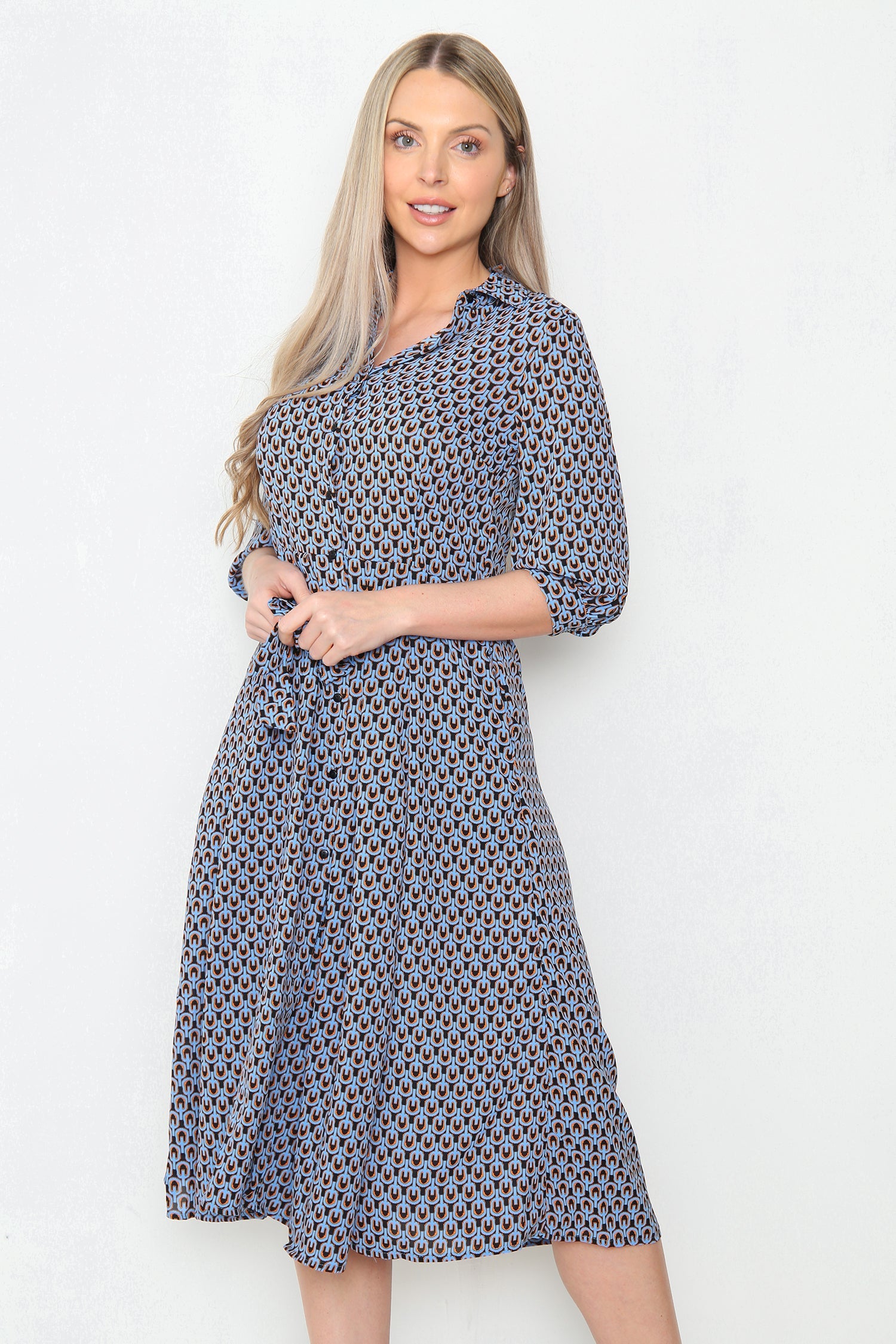 8Pcs Blue Geo Print Midi Shirt Dress