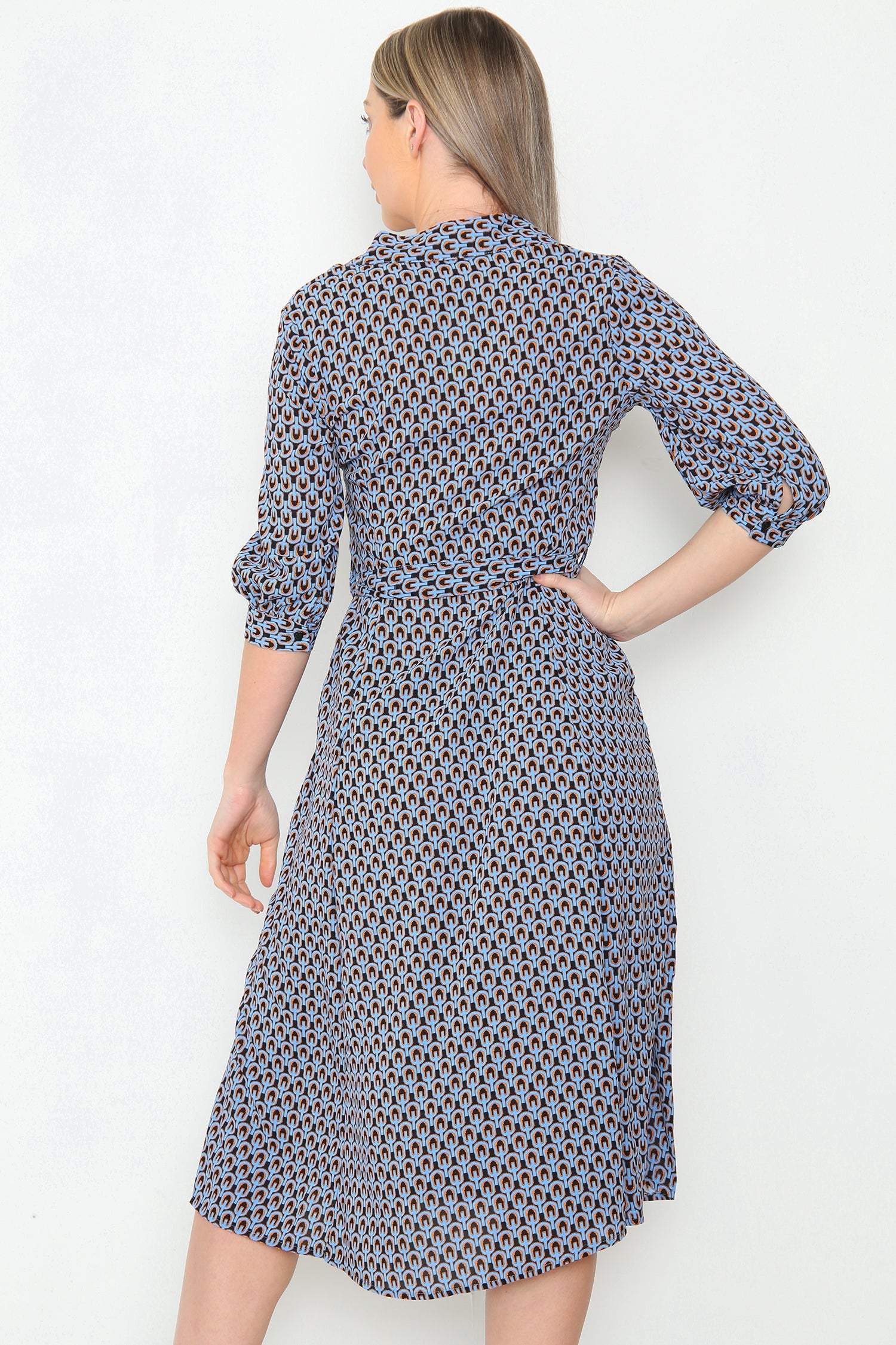 8Pcs Blue Geo Print Midi Shirt Dress