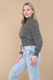 8Pcs Black Leopard Shirred Waist Crop Top